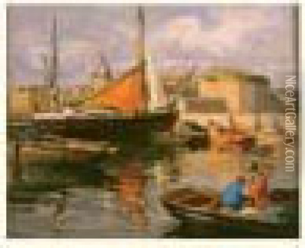 Barques De Peche Dans Un Port Oil Painting - Henri Alphonse Barnoin