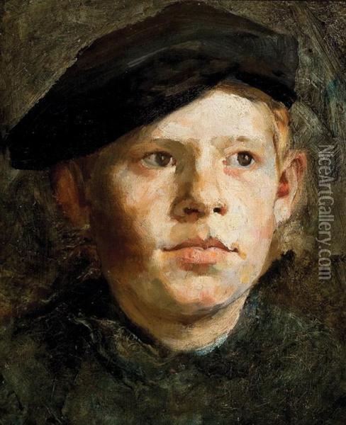 Young Boy Wearing A Cap Oil Painting - Frank Duveneck