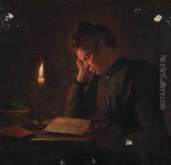 A Lady Reading A Book By A Candle Oil Painting - Johann Julius Exner