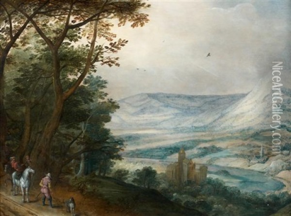 La Halte Des Cavaliers Devant Un Paysage Panoramique Oil Painting - Joos de Momper the Younger