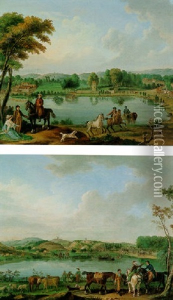 A River Landscape With An Elegant Couple And Men On Horseback, A Town Beyond Oil Painting - Pierre-Jean Boquet