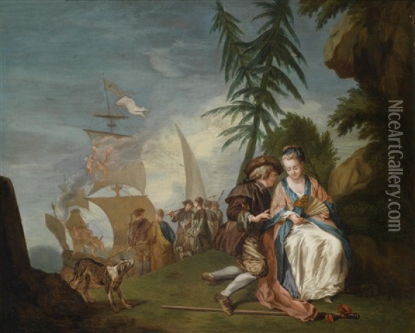 Ein Galantes Paar Vor Der Einschiffung Nach Kythera (+ Ein Landlicher Tanz; Pair) Oil Painting - Jean-Baptiste Leprince