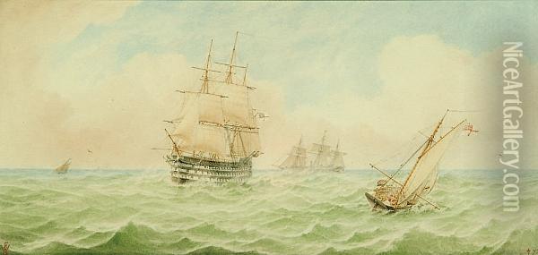 H.m.s. Britannia, The Royal Yacht And A Naval Cutter In The Solent Oil Painting - William Frederick Settle