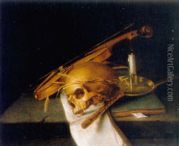 A Vanitas: A Skull Decorated With Ears Of Corn, A Music Book, A Document, And Other Objects On A Stone Ledge Oil Painting - Jacques Grief De Claeuw