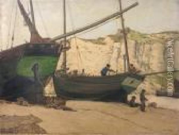 Beached Fishing Vessels With Cliffs Oil Painting - George Ii Graham