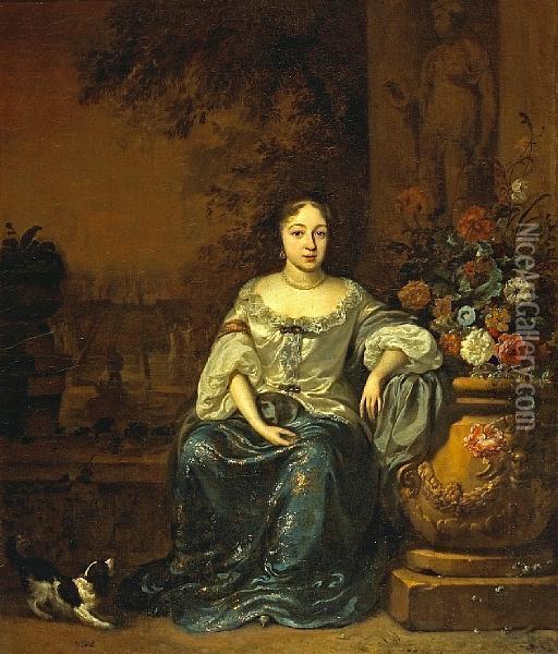 A Portrait Of A Lady, Seated Smallfull-length, In A Garden With Her Dog Oil Painting - Jan Weenix