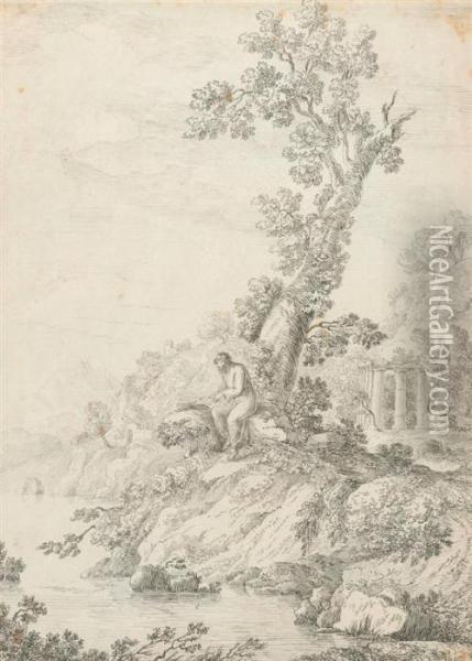 Hermit Reading In A Classical Landscape Oil Painting - Jean-Jacques De Boissieu