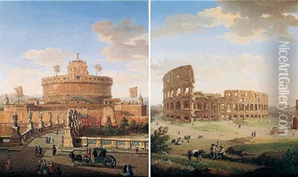 Rome, A View Of The Castle Sant'angelo Oil Painting - Giacomo van (Monsu Studio) Lint