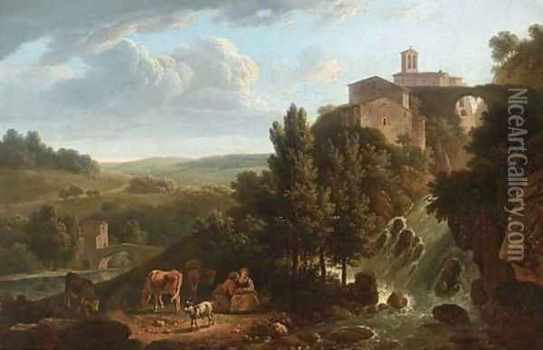 An Italianate river landscape with a village on a cliff and two shepherdesses by a waterfall Oil Painting - French School