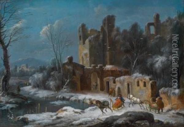 Einewinterlandschaft Mit Reisenden In Pferdeschlitten Vor Ruinen Oil Painting - Thomas Wyck