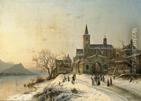 A Winter Landscape Near Lorch Am Rhein With A View Of The Schonburg Ruin Oil Painting - Johannes Bartholomaeus Duntze