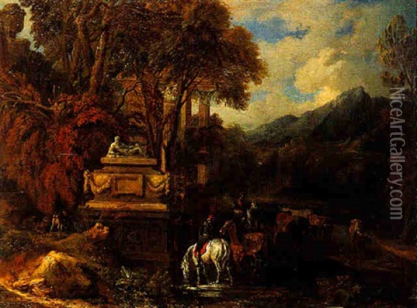 Cheveaux S'abreuvant Sur Fond De Ruines Oil Painting - Jan Baptist Huysmans