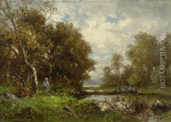 Angler Am Bewaldeten Teich Oil Painting - Charles Felix Edouard Deshayes