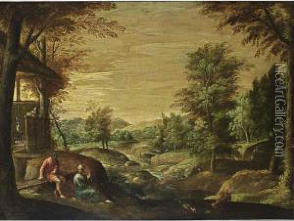 A Wooded River Landscape With A 
Couple Conversing In The Foreground Together With Chickens, Huntsmen In 
The Background Oil Painting - Paolo Fiammingo