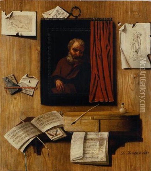 A Trompe-l'oeil With A Partially Covered Painting Of An Apostle, Prints And Letters On A Wall, And Manuscripts, An Inkwell, Quill Pen And Other Objects On A Shelf Oil Painting - Andrea Domenico Remps