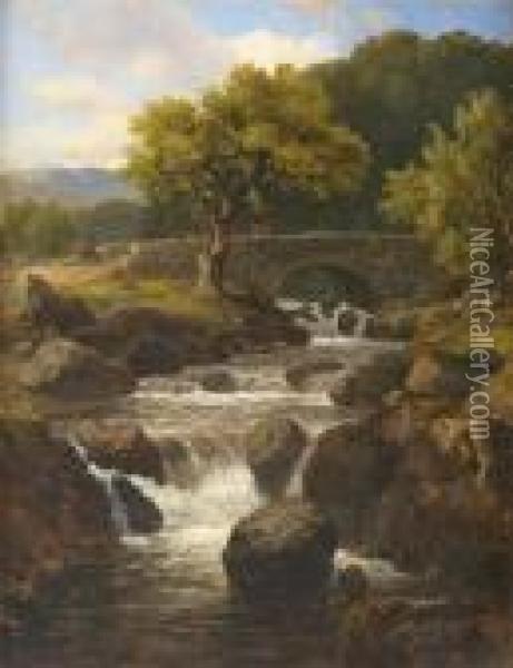 Landscape With Waterfall, Evening North Wales Oil Painting - Edmund Gill