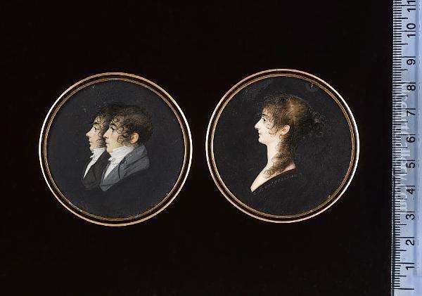 A Double-sided Portrait; A Girl, Profile To The Left, Her Hair Partially Upswept In A Loose Bun, With Curls Falling Over Her Shoulder; Charles-tristan And Louis-desire De Montholon Side By Side, Profile To The Left, Wearing Black Coat The Other Wearing Bl Oil Painting - Charles Guillaume Bourgeois