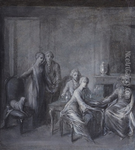 An Interior With Five Figures, Possibly The Artist's Family Oil Painting - Bernhard (Christian Bernhard) Rode