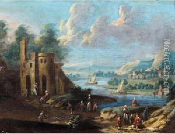 River Landscape With Figures Resting In The Foreground Oil Painting - Monogramme: M.B.