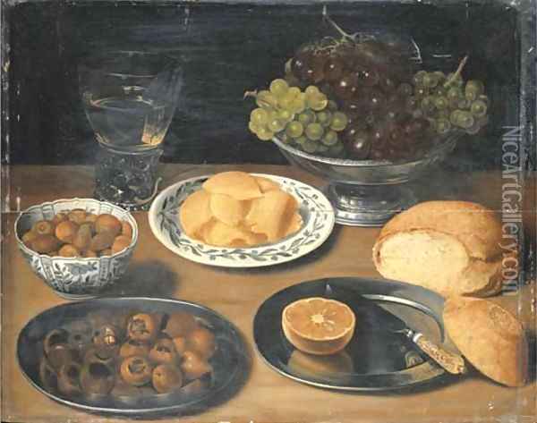 Grapes in a pewter bowl Oil Painting - Georg Flegel