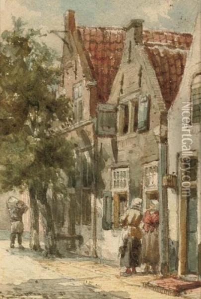 Chatting In A Doorway, Monnikendam Oil Painting - Cornelis Springer