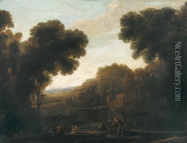 Idyllische Landschaft Mit Fluss Und Staffage Oil Painting - Claude Lorrain