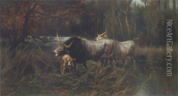 A Buffalo Family In The Roman Campagna Oil Painting - Pietro Barucci