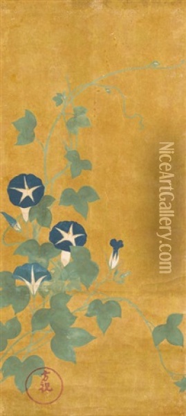 Poppy, Bellflowers, And Morning Glories Oil Painting - Ogata Korin
