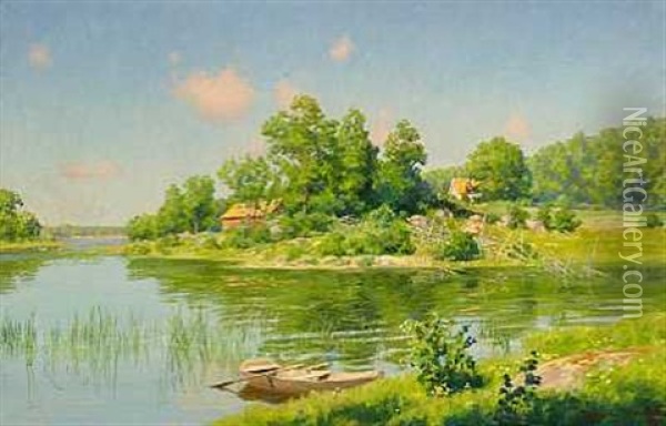 Sommerdag Ved En So, Sverige Oil Painting - Johan Fredrik Krouthen