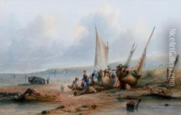 Fisher Folk By Beached Boats, Signed Oil Painting - Sidney Edward Paget