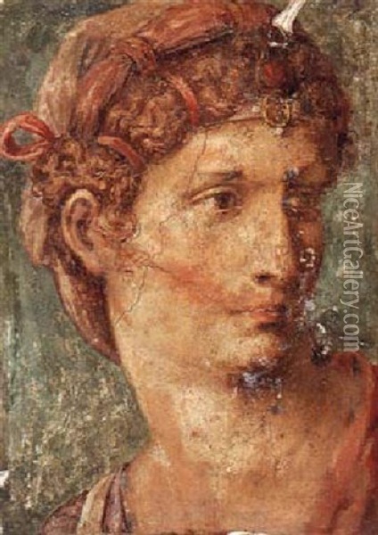 Head Of A Roman Woman, Wearing An Elaborate Headdress Oil Painting - Giulio Romano