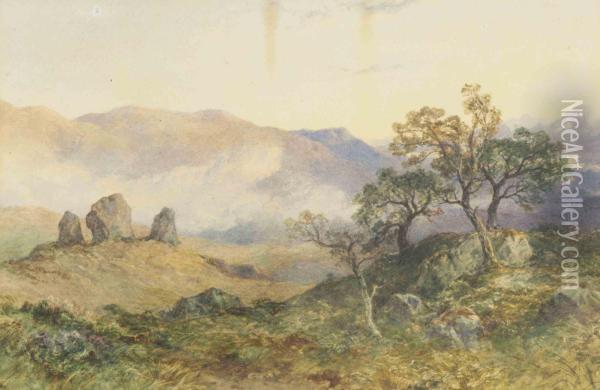 A Rocky Moorland Landscape Oil Painting - John Adam P. Houston