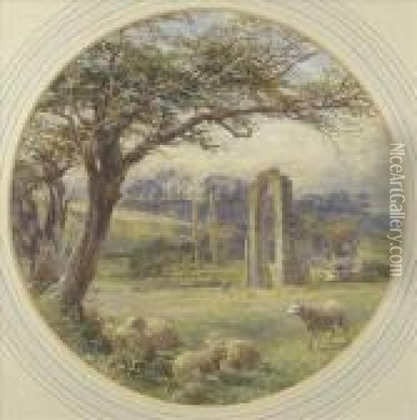 Dale Abbey,derbyshire, A Sunlit Summer Scene With Sheep, Figure And Dog By Theruins Oil Painting - James Stephen Gresley
