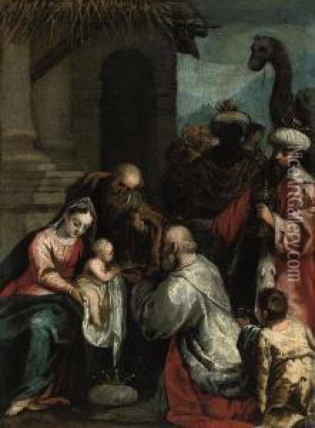 The Adoration Of The Magi Oil Painting - Ippolito Scarsella (see Scarsellino)