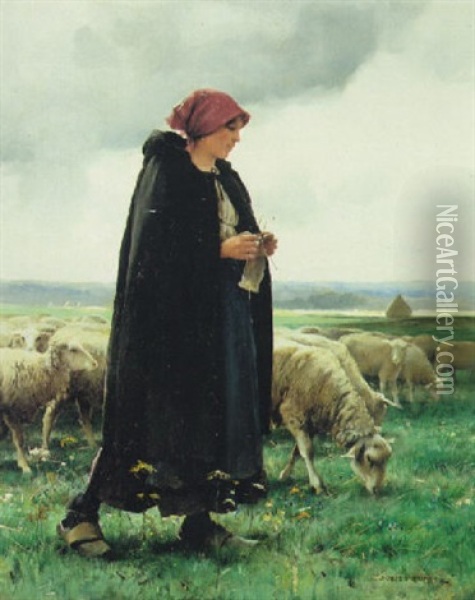 A Shepherdess With Her Flock Oil Painting - Jules Dupre