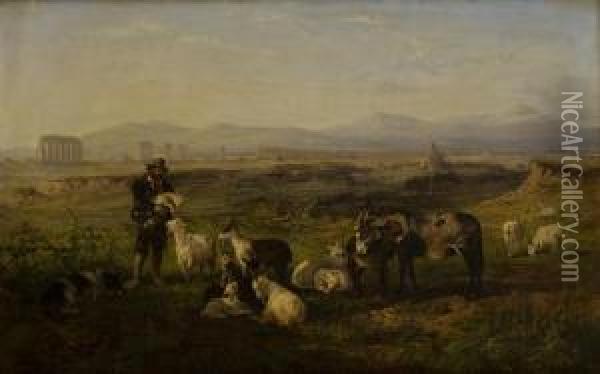 Pastore Con Animali Nei Pressi Di Un Acquedotto Nella Campagna Romana Oil Painting - Charles Henry Poingdestre
