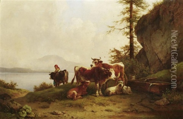 An Der Tranke: Hirtin Und Vieh Am Ufer Eines Bergsees Oil Painting - Edmund Mahlknecht