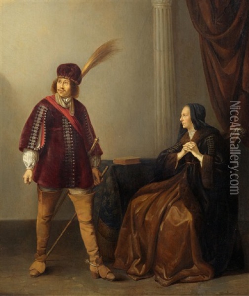 A Nobleman And A Lady On A Chair In An Interior Oil Painting - Willem Bartsius