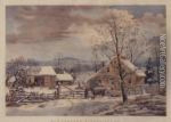 New England In Winter Scene Oil Painting - Currier & Ives Publishers