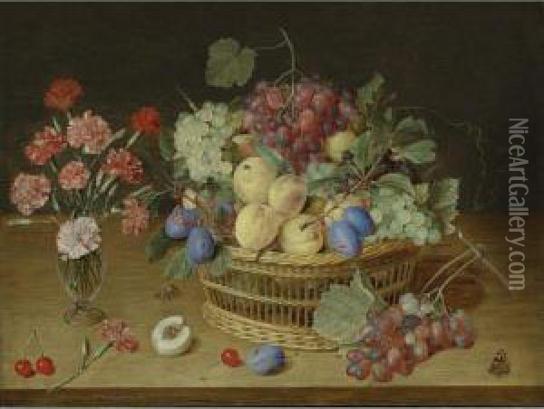 A Still Life With A Vase Of Carnations Oil Painting - Jacob van Hulsdonck