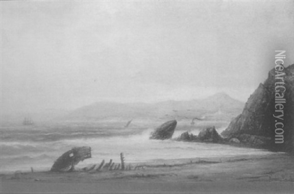 A Panoramic Rocky Coastal Scene With Three-masted Sailing Ship Oil Painting - Norton Bush