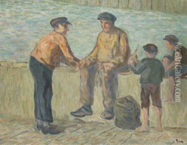 Honfleur, Pecheurs Et Enfants Sur Le Quai Oil Painting - Maximilien Luce