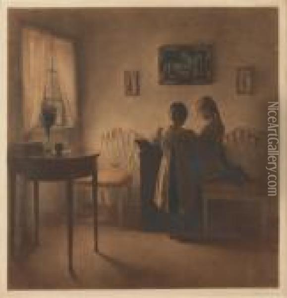 Two Little Girls Playing Oil Painting - Peder Vilhelm Ilsted