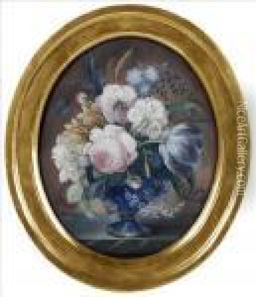 Still Lifes Of Summer Flowers In A Vase On A Marble Ledge Oil Painting - I.S.J. Le Riche
