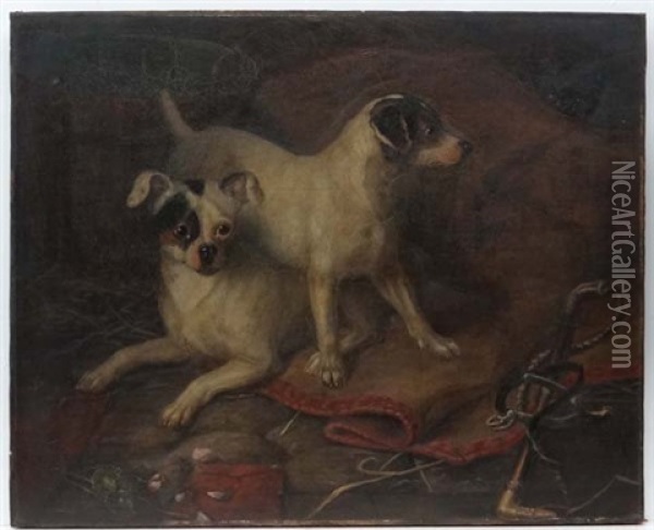 On Guard Two Terriers Guarding A Horse Blanket, Spur And Hunting Whip From Two Cats With Rose Stem And Petals On Floor, Within A Stable Oil Painting - John Fitz Marshall