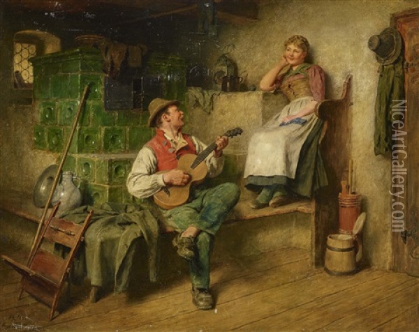 Youngster And Girl With Knitting - The Serenade Oil Painting - Hugo Wilhelm Kauffmann