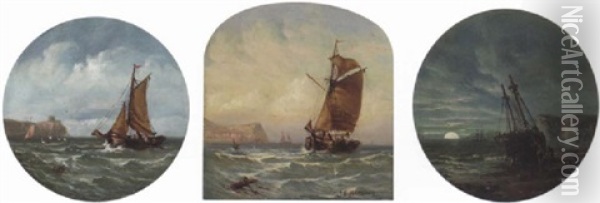 A Fishing Boat In Coastal Waters Oil Painting - James E. Meadows