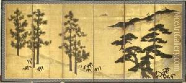 Pine Trees And Chinese Black Pines Oil Painting - Tosa Mitsunobu Sr
