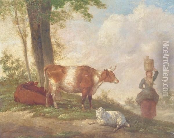 Milkmaid With Cattle Oil Painting - J.F. Hankes