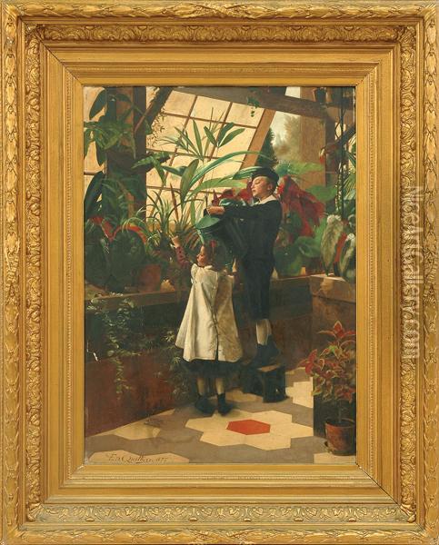 Children In The Conservatory Oil Painting - Edward Quitton